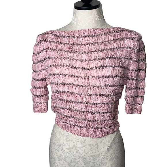 Vintage Womens Top Size Small Pink Woven Ribbon Knit Boat Neck Stretch - Picture 1 of 9